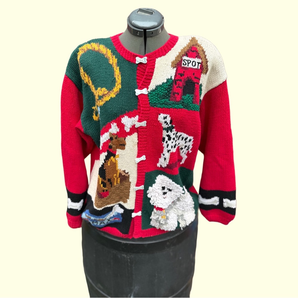 Vintage 90s Eagles Eye Dog Hand Knit Cardigan. Sweater Rare Size L Pets USA - Picture 11 of 11